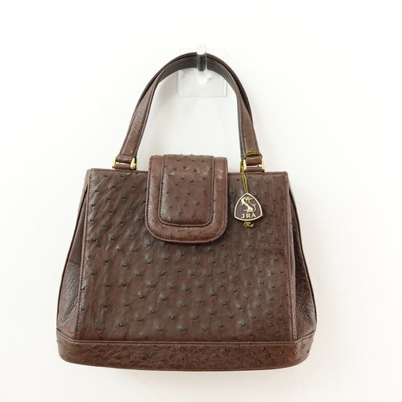 Vintage JRA Klein Karoo Ostrich Leather Structured Top Handle Bag Choco JAPAN - Picture 1 of 16